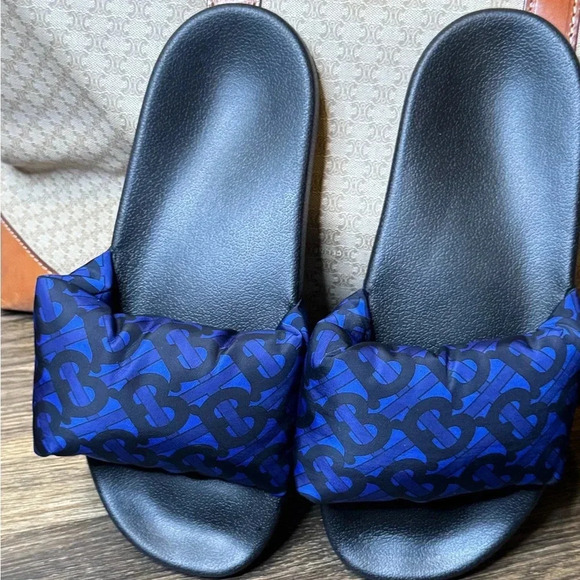 Burberry Furley Puff Unisex TB Monogram Logo Cotton Slides Sandals Navy Blue